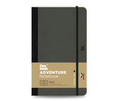 Flexbook Adventure vonalas jegyzetfüzet fekete, 13 × 21 cm, műbőr borítóval, belső zsebbel és könyvjelzővel