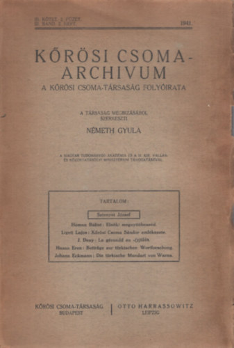 Németh Gyula (szerk.) - Kőrösi Csoma-archivum - A Kőrösi Csoma-Társaság folyóirata (3. kötet. 2. füzet)