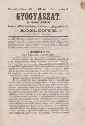 Poor Imre  (szerk.) - Gygyszat- Az orvostudomny hazai s klfldi fejldsnek klnsen a gygygyakorlatnak kzlnye. Kilencedik vfolyam, 13.sz. Pest, 1869. mrcius 27.