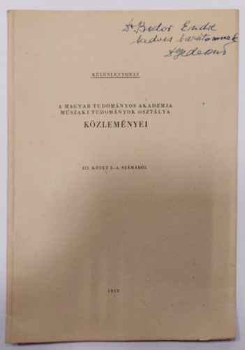 Gedeon Tihamr - A Magyar Tudomnyos Akadmia Mszaki Tudomnyok Osztlya kzlemnyei III. ktet 2-4. szmbl (klnlenyomat)