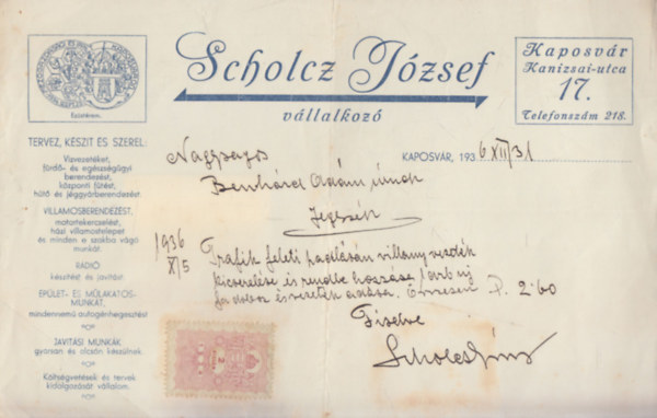Számla - Scholcz József vállalkozó (1936)
