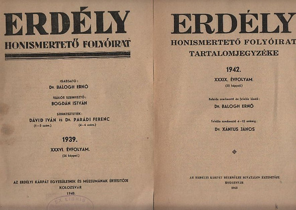 2 db tartalomjegyzk az Erdly- Honismertet folyirat 1939-es s 1942-es vfolyambl