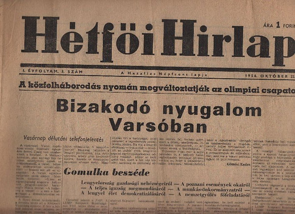 Boldizsr Ivn  (szerk.) - Htfi Hirlap - A Hazafias Npfront lapja I. vfolyam/3. szm (1956. oktber 22.)