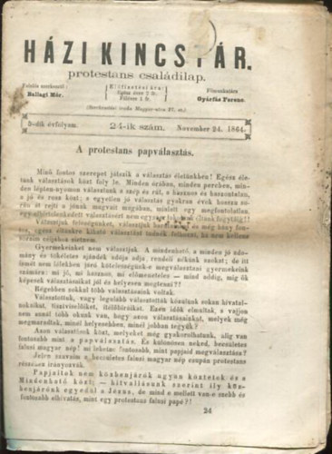 Gy�rf�s Ferenc Ballagi M�r  (szerk.) - H�zi kincst�r. Protest�ns csal�di lap. 5-dik �vfolyam. 24-ik sz�m. November 24. 1864.