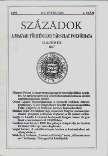 Pl Lajos - Szzadok- A Magyar Trtnelmi Trsulat folyirata 2003/1. szm.