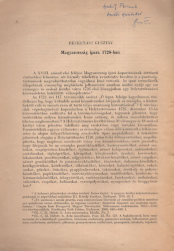 Heckenast Guszt�v - Magyarorsz�g ipara 1726-ban - dedik�lt- K�l�nlenyomat