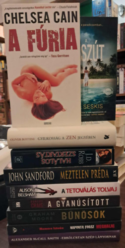 Nemere István, Graham Moore, Robert Crais, Alison Belsham, Chelsea Cain, J. D. Robb , John Sandford, Tina Seskis, Oliver Bottini Alexander McCall Smith (Nora Roberts) - 10 db krimi KÖNYVMENTŐ AJÁNLAT: Erkölcstelen szép lányoknak, Naponta fogsz meghalni, Bűnösök, A gyanúsított, A tetoválás tolvaj, A fúria, Halálos szertartás, Meztelen préda, A nászút, Gyilkosság a zen jegyében