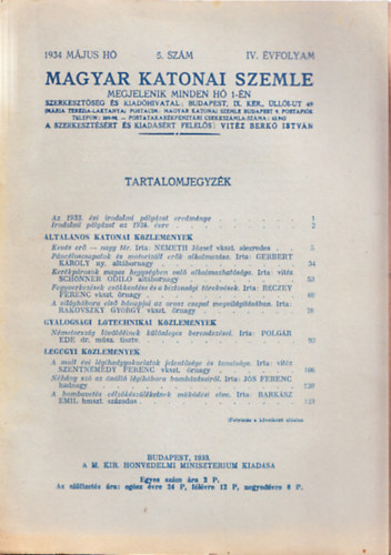 Vitz Berk Istvn  (szerk.) - Magyar Katonai Szemle 1934 mjus h, 5. szm, IV. vfolyam
