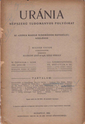 Uránia 1905 Népszerű Tudományos Folyóirat 1 szám