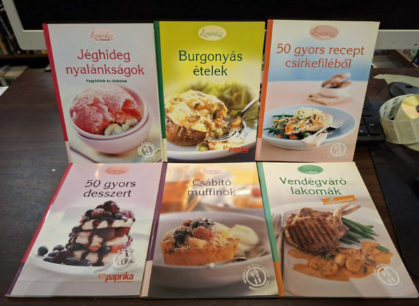 6 db az Ízvarász füzetek sorozatból, KÖNYVMENTŐ AJÁNLAT: 50 gyors desszert, Csábító muffinok, Vendégváró lakomák villámgyorsan, 50 gyors recept csirkefiléből, Burgonyás ételek, Jéghideg nyalánkságok (fagylaltok és sörbetek)