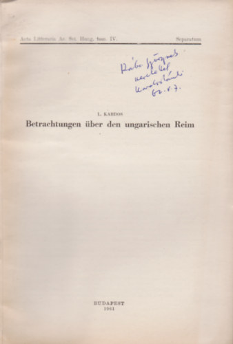 Kardos László - Betrachtungen über den ungarischen Reim. (Seaparatum Acta Litteraria Ac. Sci. Hung. Tom. IV.)