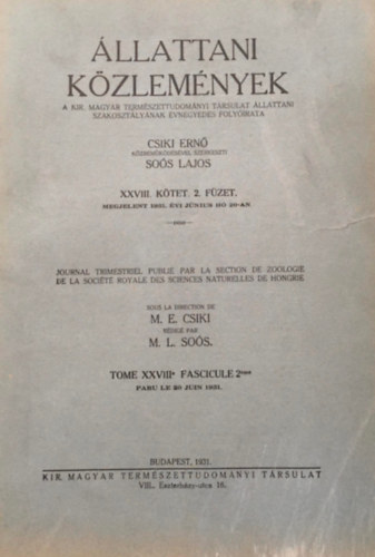 Állattani közlemények XXVIII. kötet 2. füzet
