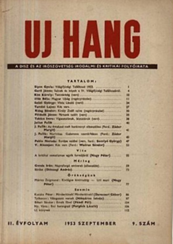 Erdei Sndor  (szerk.) - Uj hang - II. vfolyam 9. szm, 1953. szeptember