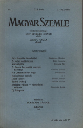 Dr. Eckhardt Sndor (Szerk.) - Magyar Szemle 1941/XLI.ktet 3.(169)szm