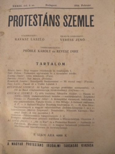 Rvsz Imre Ravasz Lszl - Sid Zoltn - Kozma Andor - Remnyik Sndor - Rcz Lajos - Protestns szemle 1924. Februr