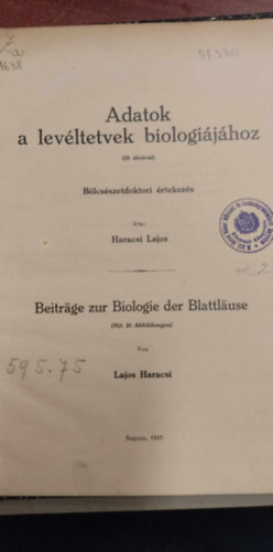 Haracsi Lajos - Adatok a levltetvek biolgijhoz 20 brval