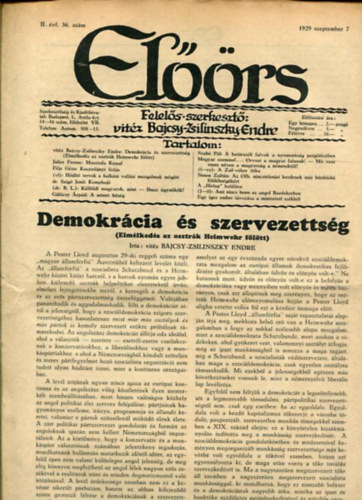 vit�z Bajcsy-Zsilinszky Endre  ( felel�s szerkeszt�) - El��rs foly�irat II. �vf. 36. sz�m. 1929. szeptember 7.