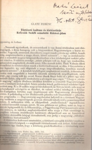Glatz Ferenc - T�rt�neti kultusz �s t�rt�net�r�s (reflexi�k Szekf� sz�m�z�tt R�k�czij�hoz) K�l�nlenyomat - dedik�lt