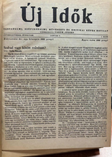 Uj id�k - Sz�pirodalmi, m�v�szeti �s t�rsadalmi k�pes hetilap 1946. I.  1-23. sz�m (egyek�tve)