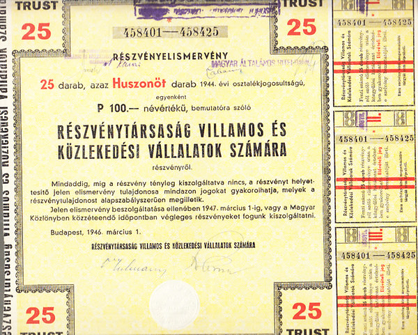 Részvénytársaság Villamos és Közlekedési Vállalatok számára - 100 pengő névértékű részvény (sárga) (történelmi értékpapír, eredeti)