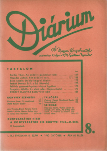 M�t� K�roly-Kenyeres Imre - Di�rium I. (X.) �vfolyam 8. Sz�m - 1940 Okt�ber
