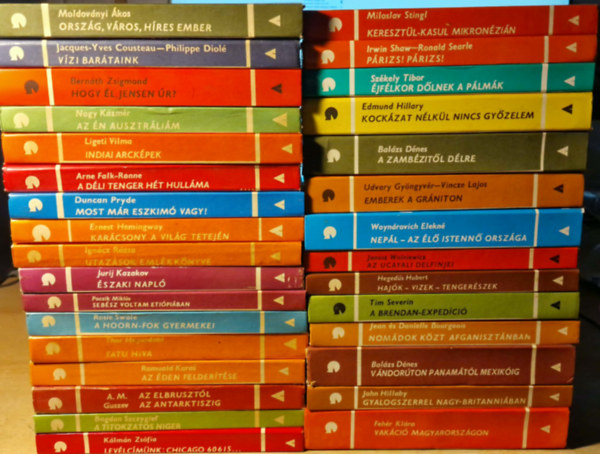 Jacques-Yves Cousteau-Philippe Diolé, Bernáth Zsigmond, Nagy Kázmér, Ligeti Vilma, Arne Falk-Ronne, Duncan Pryde, Ernest Hemingway, Ignácz Rózsa, Jurij Kazakov, Poczik Miklós Moldoványi Ákos - 31db Világjárók könyv.