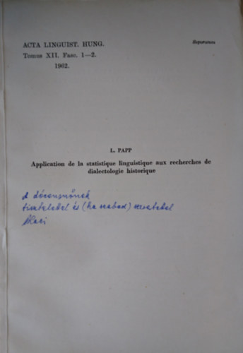 L. Papp - Application de la statistique linguistique aux recherches de dialectologie historique