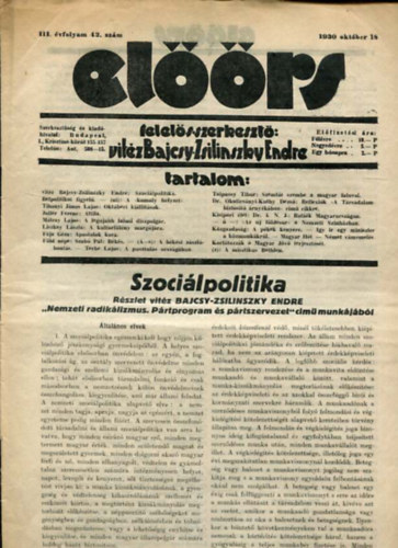 vit�z Bajcsy-Zsilinszky Endre  ( felel�s szerkeszt�) - El��rs foly�irat III. �vf. 42. sz�m. 1930. okt�ber 18.