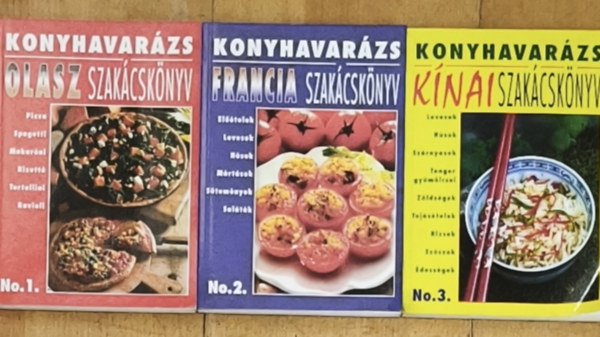 3db k�nyv a Konyhavar�zs sorozatb�l - No. 1.-Olasz szak�csk�nyv, No. 2.-Francia szak�csk�nyv, No. 3.-K�nai szak�csk�nyv