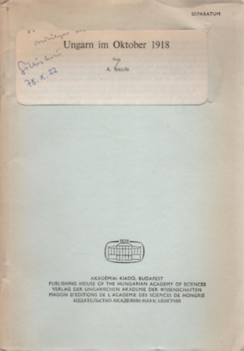 Siklós A. - Ungarn im Oktober 1918 (Különlenyomat)