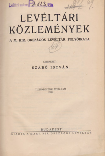 Szab Istvn  (szerk) - Levltri kzlemnyek 1936. (14. vf.)