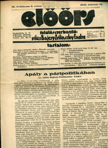 vitz Bajcsy-Zsilinszky Endre  ( felels szerkeszt) - Elrs folyirat III. vf. 8. szm. 1930. februr 22.