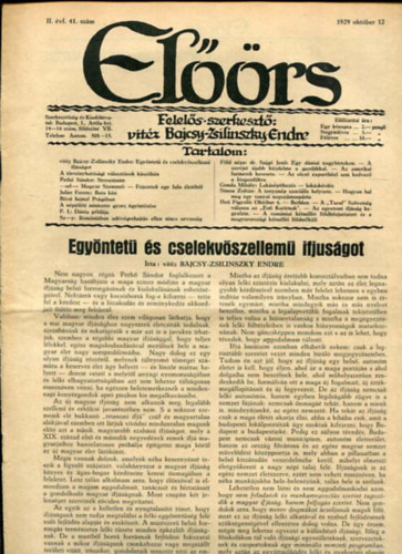 vit�z Bajcsy-Zsilinszky Endre  ( felel�s szerkeszt�) - El��rs foly�irat II. �vf. 41. sz�m. 1929. okt�ber 12.
