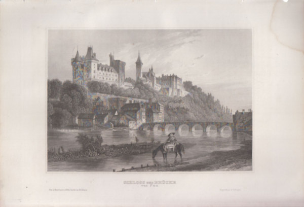 Schloss und Brücke (Kastély és híd, Pau, Franciaország, Európa) (16x23,5 cm lapméretű eredeti acélmetszet, 1856-ból)