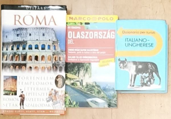 2db Olaszországgal kapcsolatos útikönyv + ajándék zsebszótár - Marco Polo-Dél-Olaszország, Útitárs-Róma + Dizionario per turisti-Italiano-Ungherese
