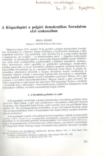 Sipos József - A Kisgazdapárt a polgári demokratikus forradalom első szakaszában - Különlenyomat - dedikált