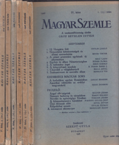 Bethlen Istvn grf - 6 db Magyar Szemle: 1928/szeptember+november+december+1929/janur+februr+prilis