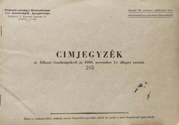 Címjegyzék az állami gazdaságokról az 1950. november 1-i állapot szerint