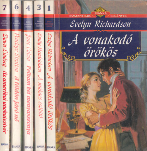 Penelope Stratton, June Calvin, Emily Hendrickson, Evelyn Richardson Dawn Lindsey - 5db a `Bianka romantikus regnyek` sorozatbl - Evelyn Richardson: A vonakod rks + Emily Hendrikson: A makacs csbt + June Calvin: Pelham kt menyasszonya + Penelope Stratton: A fldn jr n + Dawn Lindsey: Az amerikai unokates