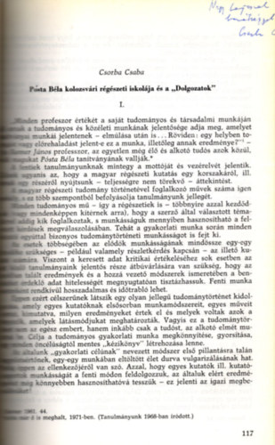 Csorba Csaba - P�sta B�la kolozsv�ri r�g�szeti iskol�ja �s a " Dolgozatok " - dedik�lt -  K�l�nlenyomat