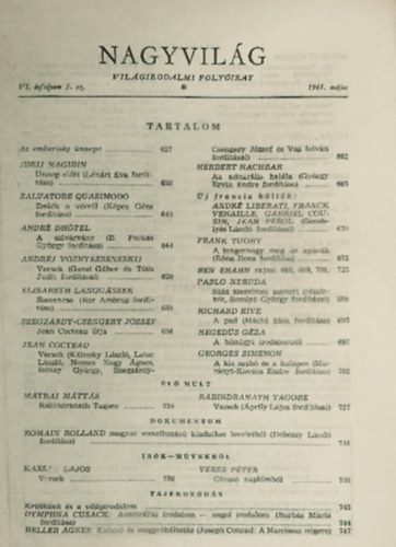 Kardos Lszl  (szerk.) - Nagyvilg (Vilgirodalmi folyirat) I-II., VI. vf. 1-12. szm, 1961 (kt ktetben)