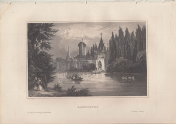 Laxenburg (Laxenburg vára, Ausztria, Európa) (16x23,5 cm lapméretű eredeti acélmetszet, 1856-ból)