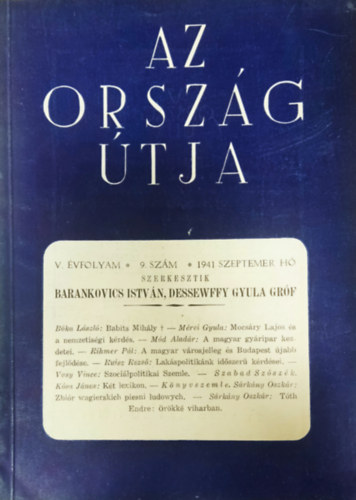 Barankovics Istvn- Dessewffy Gyula grf  (szerk) - Az orszg tja V. vfolyam 9. szm (1941. november)