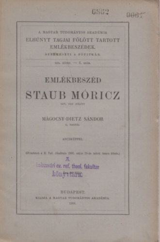 Mgocsy-Dietz Sndor - Emlkbeszd Staub Mricz lev. tag fltt - XIII. ktet 3. szm