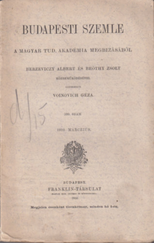 Voinovich Géza (szerk) - Budapesti szemle 399. szám 1910. márczius