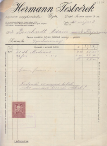 Sz�mla - Hermann Testv�rek pap�r�ru nagykeresked�se (1930)