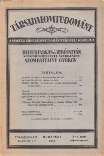 Szombatfalvy Gyrgy  (Szerk.) - Trsadalomtudomny - A Magyar Trsadalomtudomnyi Trsulat folyirata 11. vf. 3-4. szm (1931)