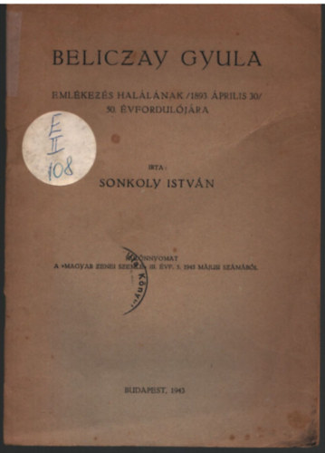 Sonkoly László - Beliczay Gyula-Emlékezés halálának/1893 április 30/ 50. évfordulójára