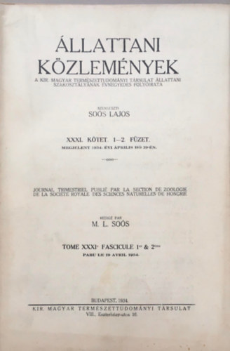 Sos Lajos  (szerk.) - llattani kzlemnyek XXXI. ktet 1-2. fzet
