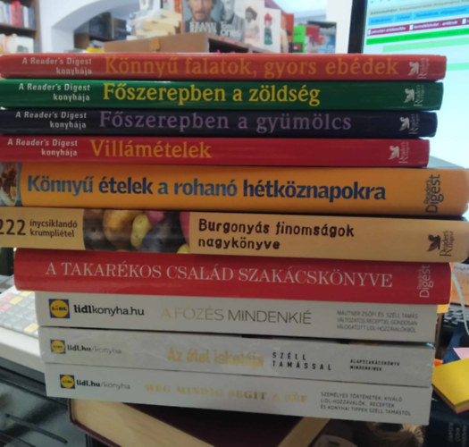 10 db szakcsknyv: Mg mindig segt a sf+Az tel iskolja Szll Tamssal+A fzs mindenki+A takarkos csald szakcsknyve+Burgonys finomsgok nagyknyve+Knny telek a rohan htkznapokra+Villmtelek+ Fszerepben a